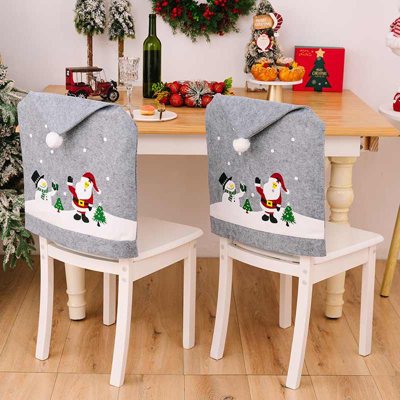 Decorações de Natal para casa Capa de cadeira cinza estampada para idosos Boneco de neve Capa de cadeira não tecida Chapéu de Natal_voghion.com