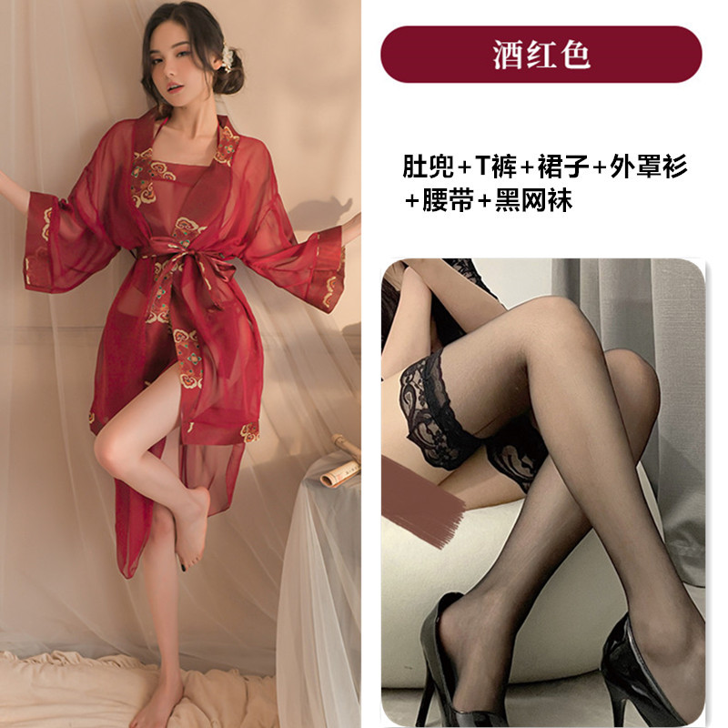 버건디 [재킷+복대+롱스커트+끈팬티]+블랙스타킹