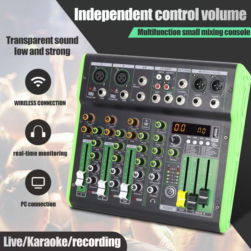 Transfronterizo de cuatro caminos mezclador pequeño tarjeta de sonido de teléfono móvil computadora Audio Mixer grabadora de efectos DSPX profesional