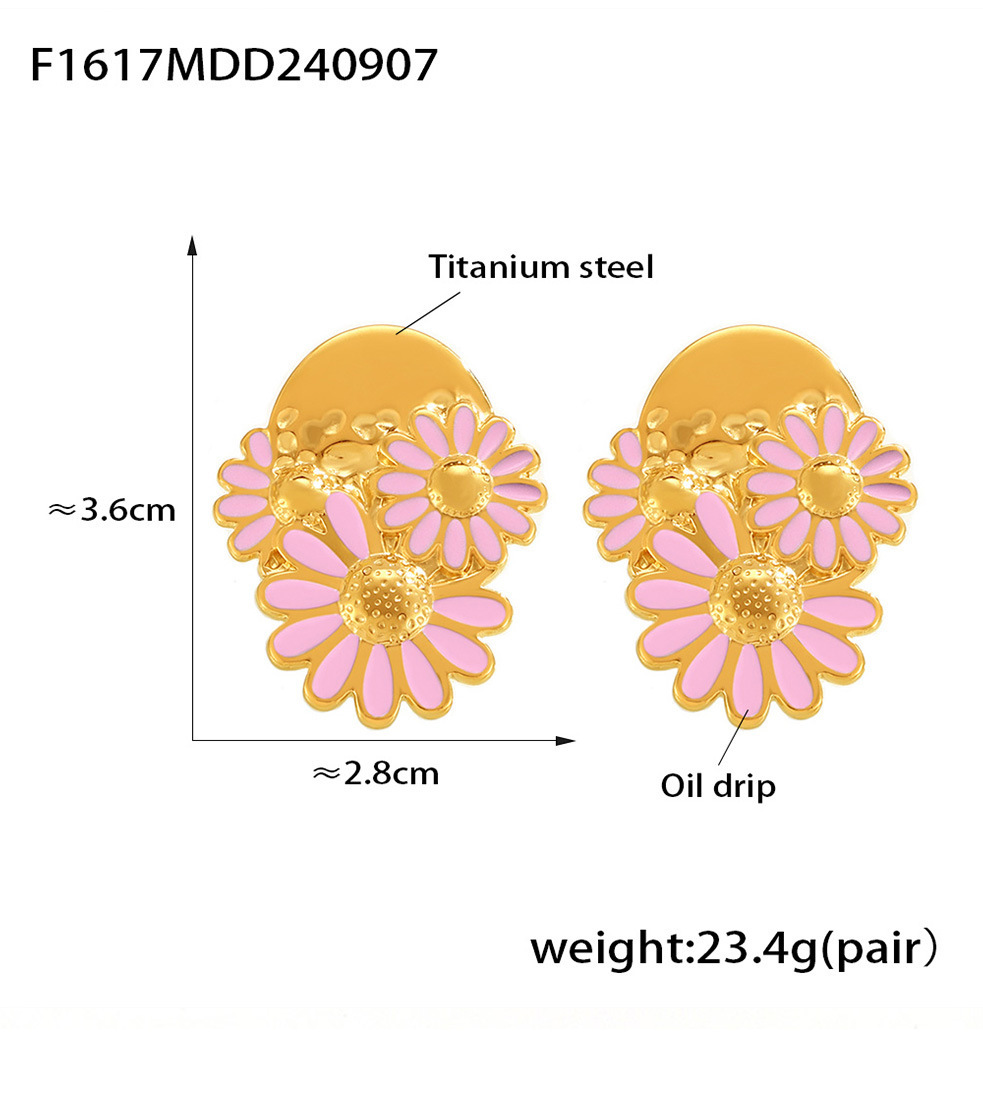 Boucles d'oreilles chrysanthème de style INS européen et américain Boucles d'oreilles goutte à goutte d'huile de marguerite en acier au titane Boucles d'oreilles rétro de tempérament pour femmes_voghion.com