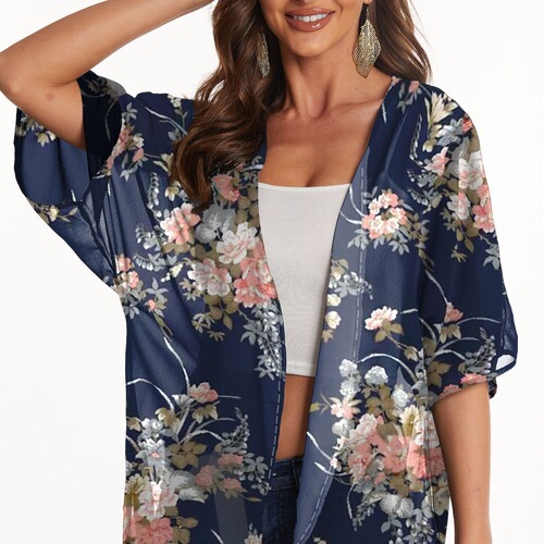 Women's Western-style sunshade wrap dress with floral chiffon top and kimono-style open jacket