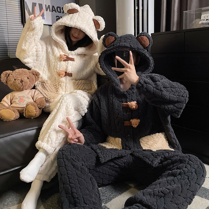Couple Pajamas, One Man and One Woman, Autumn and Winter Coral Velvet Thickeneded Fleece-Lined Warm Cartoon Hooded Flannel Home Clothes