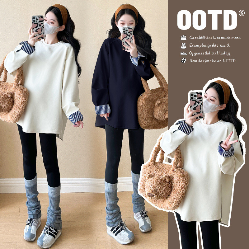 Maternity spring outfit maternity hoodie Korean casual fashionable versatile loose slimming sweet youthful striped splice top