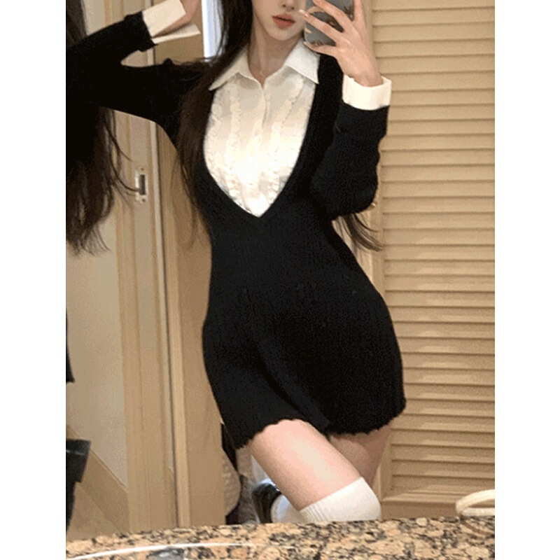 New York Art High School Knitted Dress for Women with Inner Skirt, Faux Two-Piece Patchwork Shirt Collar Dress, Pleated Skirt, Fall 2025
