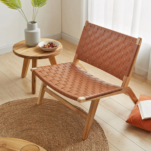 Scandinavian Ash Ins Solid Wood Saddle Leather Lounge Chair Home Living Room Balcony Leisure Chair Creative Lazy Sofa Chair