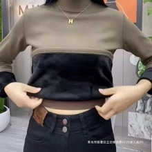 加绒加厚半高领打底衫女秋冬季保暖内搭一体绒中领长袖t恤上衣服