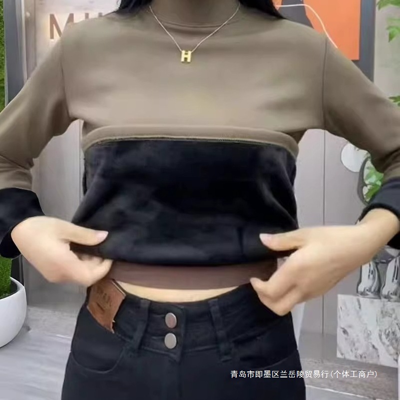 加绒加厚半高领打底衫女秋冬季保暖内搭一体绒中领长袖t恤上衣服