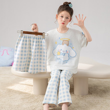 2025新款三件套睡衣女童夏季薄款纯棉短袖长裤儿童女孩春秋家居服