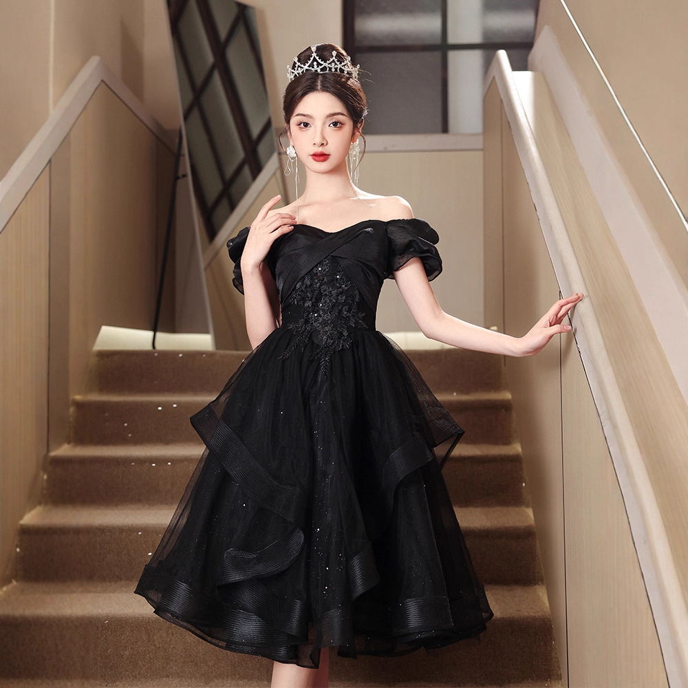 黑色宴会晚礼服2025新款高端轻奢小众高级感小个子成人礼连衣裙女