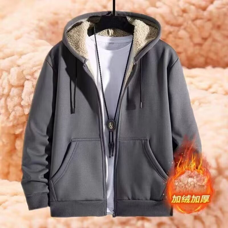 Fleece-Lined Thick Lamb Wool Cardigan Sweatshirt for Men, Autumn and Winter, Loose Fit, Large Size, Anti-Scalding, Wear-Resistant, Dirt-Resistant, Hooded Jacket for Work