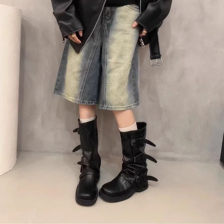 牛革バージョン！黒のパンツブーツ、ヨーロッパとアメリカのストリートスタイル、ラウンドトゥ、太いヒール、ベルトバックル、膝上プリーツハイライダーブーツ|undefined