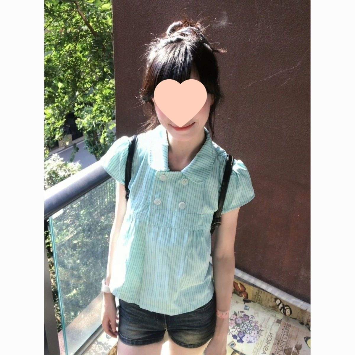 韩系甜美减龄条纹双排扣娃娃领短袖衬衣夏季穿搭蓝绿条纹衬衫上衣