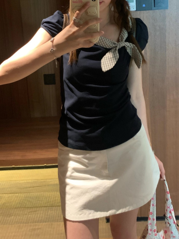 TheDouerr ウサギ耳 かわいい半袖Tシャツ 3色 夏 スリムフィット 右肩トップス 着痩せ|undefined