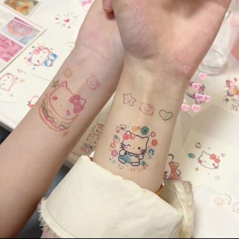 Tattoo stickers, dopamine-themed, featuring a cute cartoon Kitty cat design, waterproof and long-lasting, suitable for arm application, in an Instagram-inspired style, and washable Tattoo stickers, dopamine-themed, featuring a cute cartoon Kitty cat design, waterproof and long-lasting, suitable for arm application, in an Instagram-inspired style, and washable