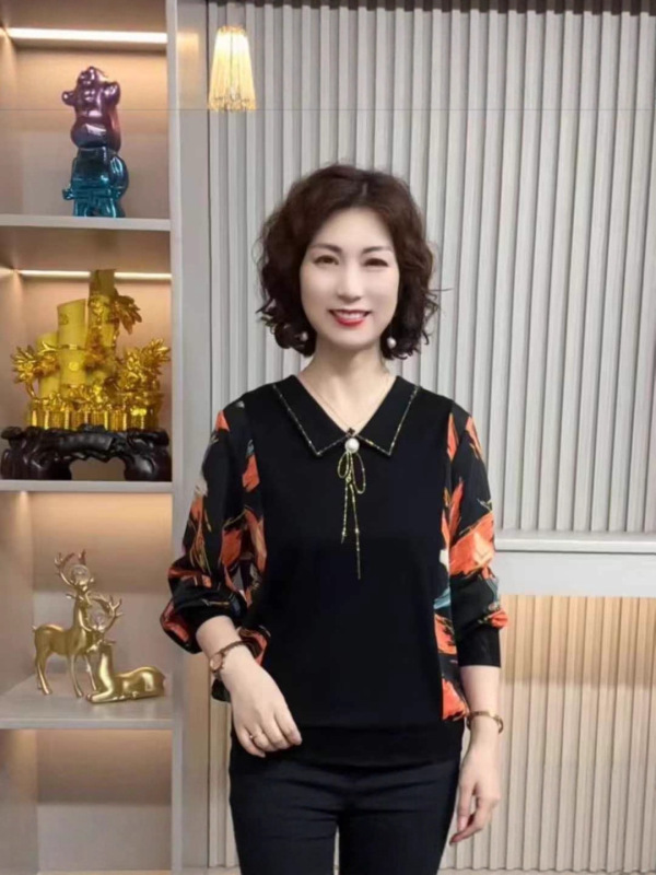 洋气妈妈衫秋装上衣薄款长袖T恤女40岁中老年秋季拼接小衫烫钻|undefined