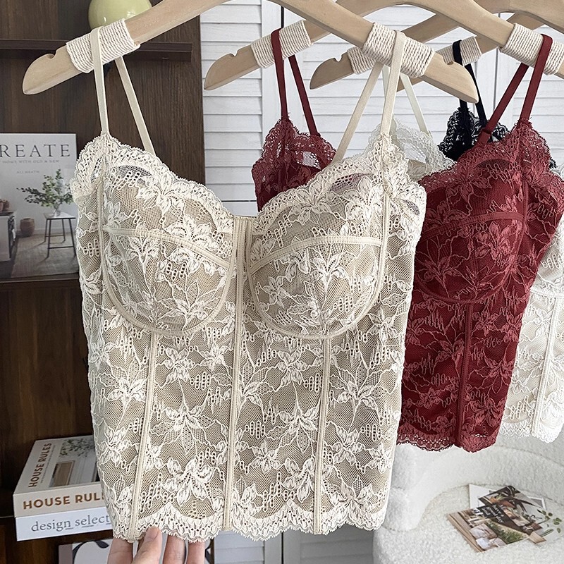 In-Stock French Lace Brushed Beauty Back Camisole Bra Integrated Vest Women's Fixed Cup Autumn and Winter Inner Layer Base Underwear