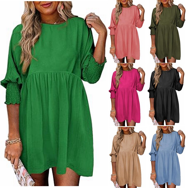 2026 European and American Foreign Trade Cross-Border Women's Clothing Amazon Shein Round Neck Waist-Cinching Cuff Ruched Casual Dress