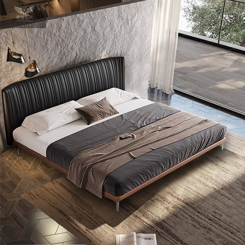 Conchas de cuero de lujo ligero, estilo antiguo, dormitorio principal minimalista, cama doble simple, cama doble de fresno, cama negra