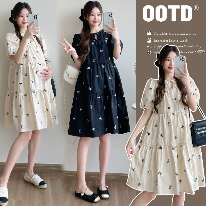 Реальная фотосессия 2024 новая одежда для беременных модная вышивка прилив платье мама летом свободная юбка