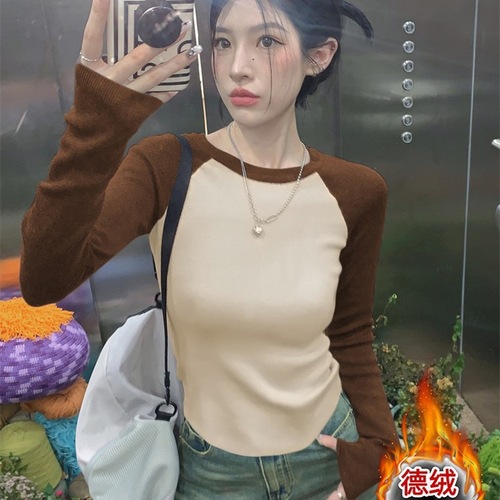 American sweet and spicy color-blocked crew neck T-shirt for women, suitable for spring and autumn, retro chic, unique top, long sleeve undershirt