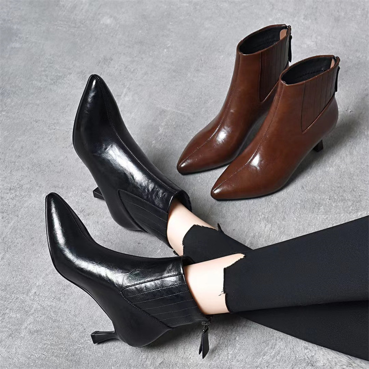 French style ankle boots Women's stiletto heel stitching black high heel ankle boots commuter elegant cowhide pointed brown cat heel ankle boots French style ankle boots Women's stiletto heel stitching black high heel ankle boots commuter elegant cowhide pointed brown cat heel ankle boots