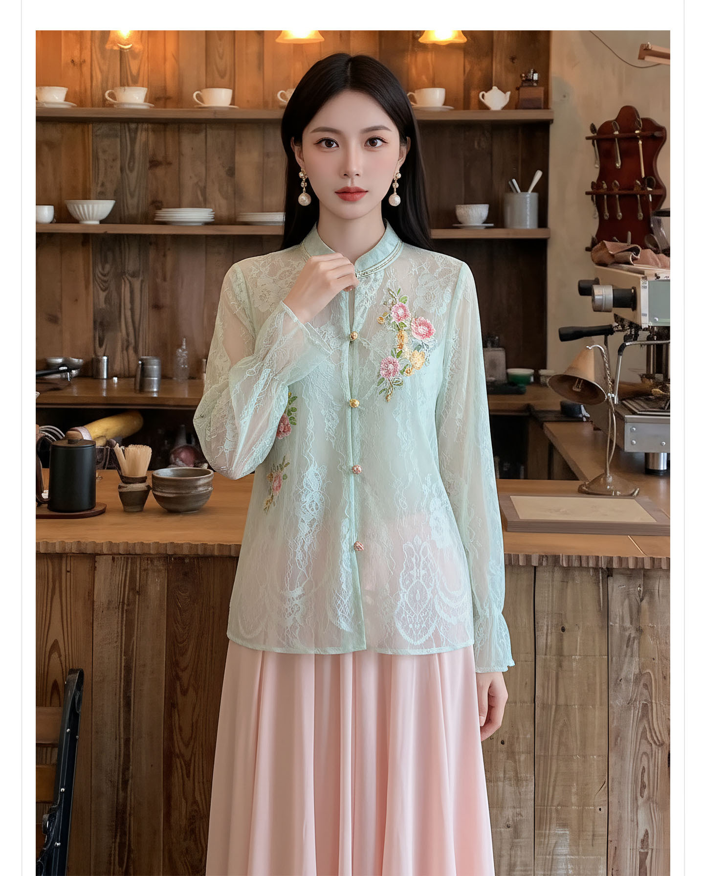 Bộ áo khoác và chân váy thêu hoa tơ tằm cao cấp phong cách Tân Trung Hoa — bộ đồ, nửa váy, áo khoác chi tiết 3
