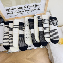 襪子女 春夏新品潮流兩條杠條紋棉襪 蕾絲網眼薄款圓點百搭堆堆襪