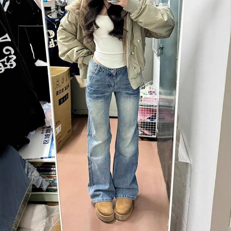 American-Style Mid-Waist Bootcut Jeans for Women, Retro Pleated High-Waisted Loose Straight-Leg Slimming Versatile Wide-Leg Pants