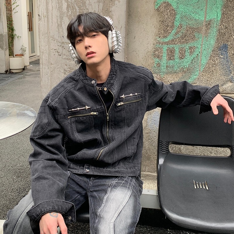 Cross-Border American-Style Washed Street Fashion Zipper Denim Jacket Men's Design Harrington Metal Collarless Jacket