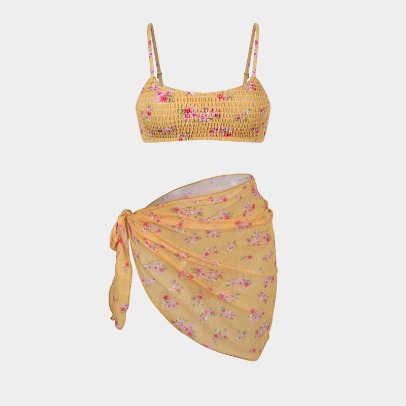 Women's Split Bikini Three-piece Swimsuit Floral Beach Wrap Set_voghion.com