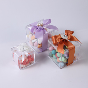 Flower Bow Decoration Transparent Square Box Gift Box Candy Box European and American Wedding Party Wedding Candy Box Packaging Box