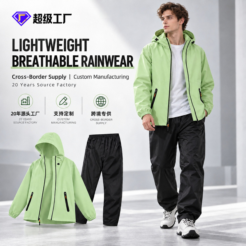 Cross-border wholesale of ready-to-ship raincoats and rain pants for men and women, lightweight and stylish, two-piece design, suitable for electric scooters, summer lightweight and breathable rainwear Cross-border wholesale of ready-to-ship raincoats and rain pants for men and women, lightweight and stylish, two-piece design, suitable for electric scooters, summer lightweight and breathable rainwear