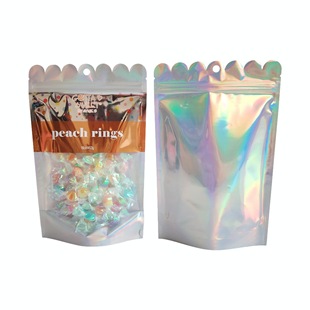 Wave Head Design Popular Laser Zipper Standing Bag Transparent Window Candy Biscuit Packaging Bag