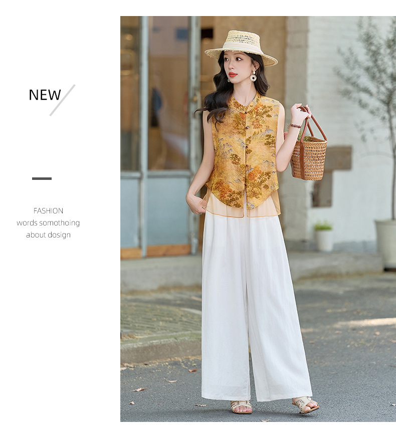 Bộ quần áo nữ hai mảnh gồm áo sơ mi cổ đứng họa tiết jacquard và quần ống đứng — Màu ảnh chi tiết 11