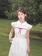 红丝带蕾丝花边娃娃领连衣裙女2024夏季新款甜美森系白色初恋裙子