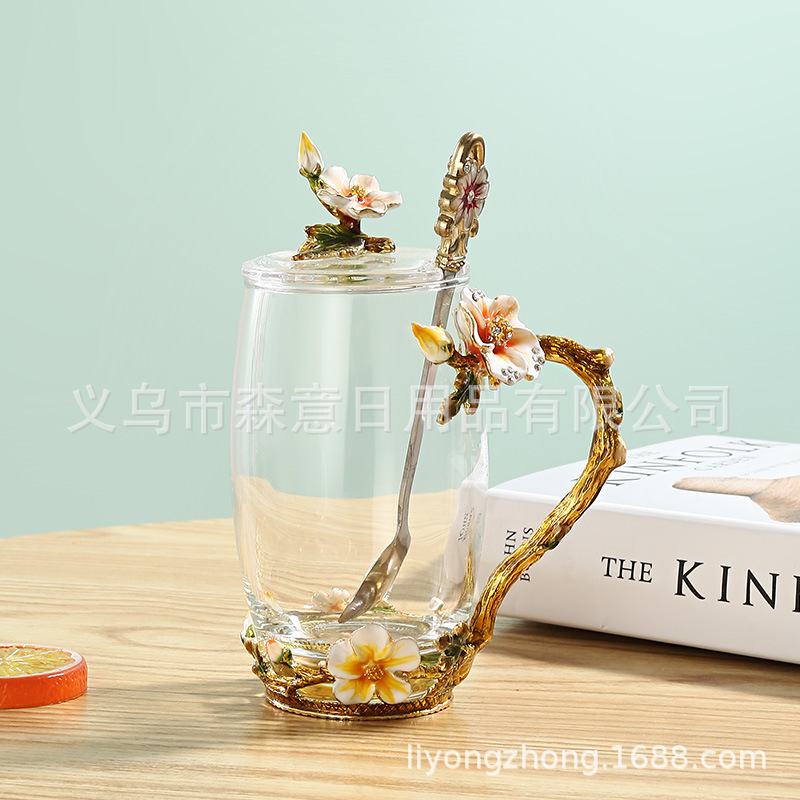 Esmalte taza de agua de color flor creativa taza de té taza de jugo taza de vidrio de cristal resistente al calor taza de café taza de pareja de gama alta regalo de la taza