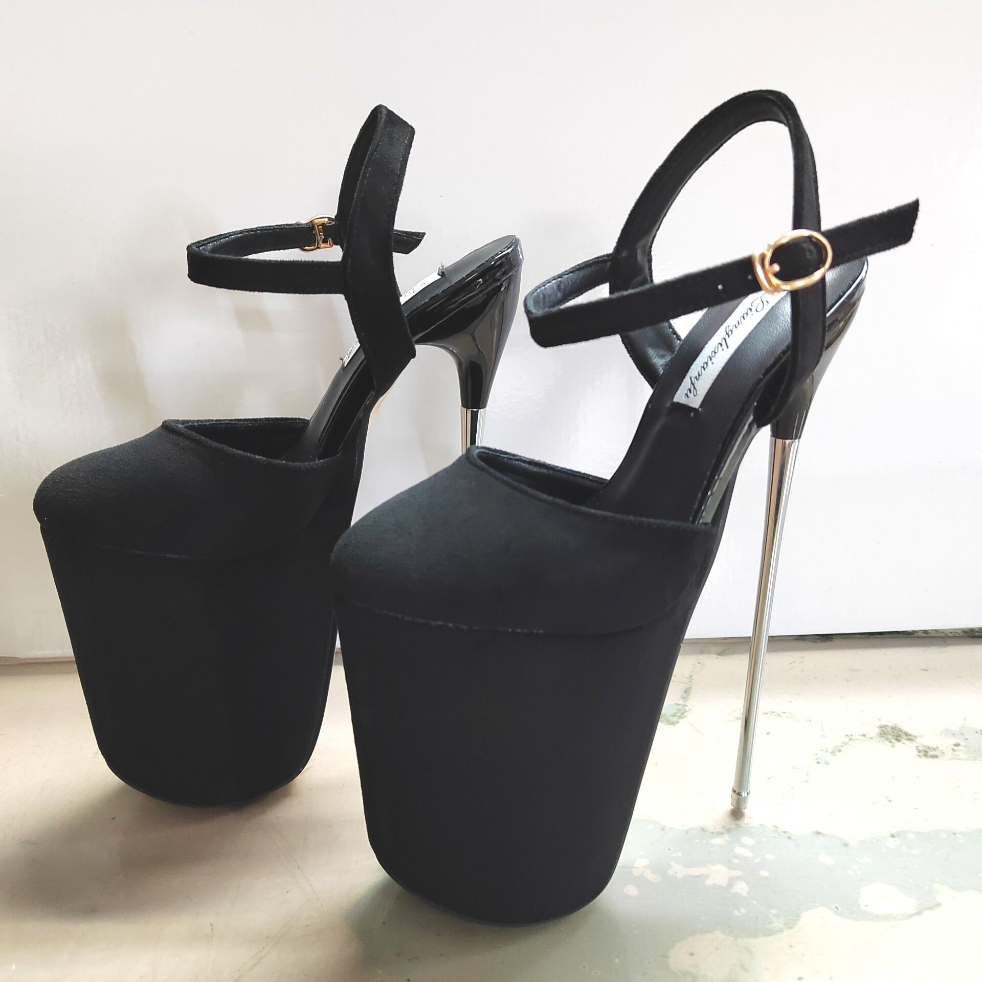 Giày sandal cao gót nữ mũi trắng gót siêu cao 22 cm đế dày — màu đen