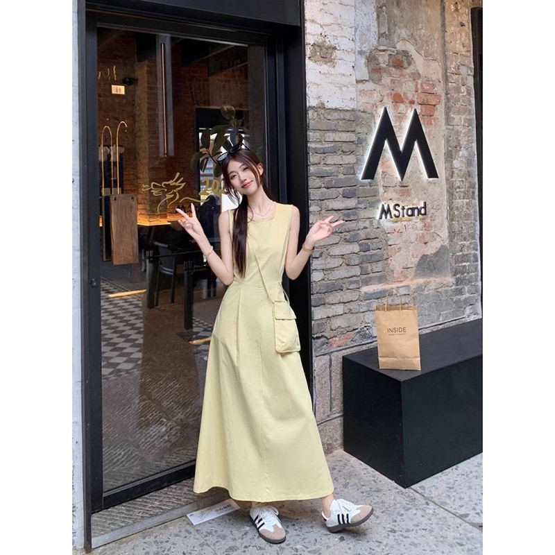 純粋で優しいノースリーブドレス女性用2025夏日本語と韓国語バージョンラウンドネックウエスト痩身Aラインベストロングスカート|undefined