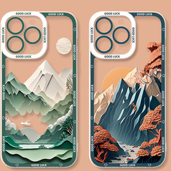 油畫雪山蘋果15手機殼日照金山iPhone14風景13pro手機殼蘋果夏11P