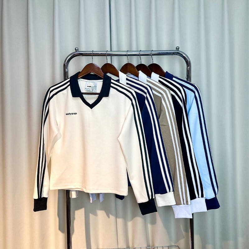 Autumn New Football-Style American Retro V-Neck Loose-Fitting Long-Sleeve Couple's Matching T-Shirt