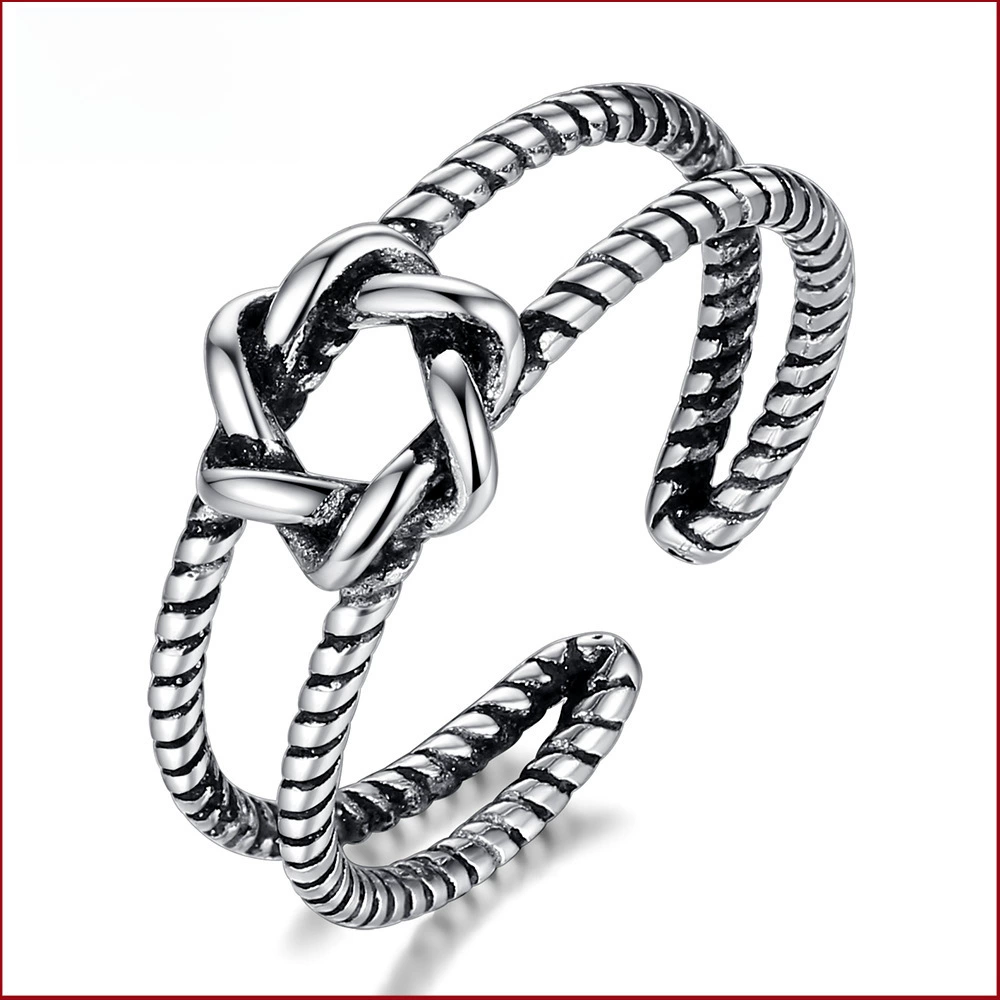 Adjustable retro ring, rope‑knot design, white‑copper base with thick silver plating, lightweight