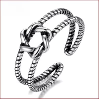 Adjustable retro ring, rope‑knot design, white‑copper base with thick silver plating, lightweight