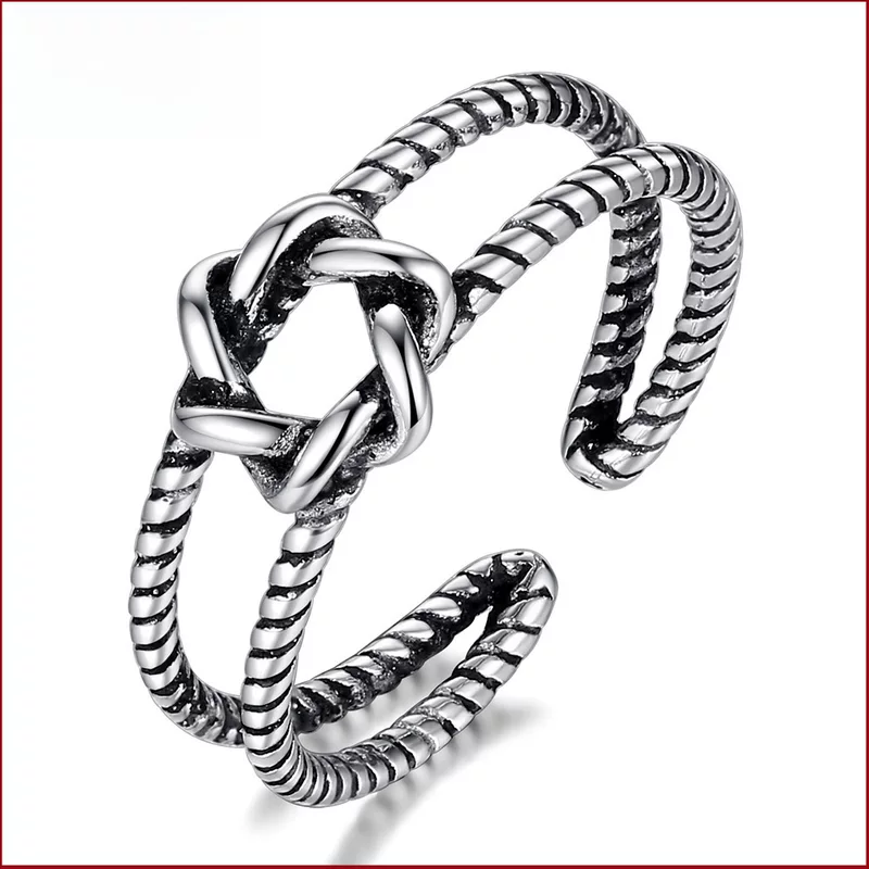 Adjustable retro ring, rope‑knot design, white‑copper base with thick silver plating, lightweight