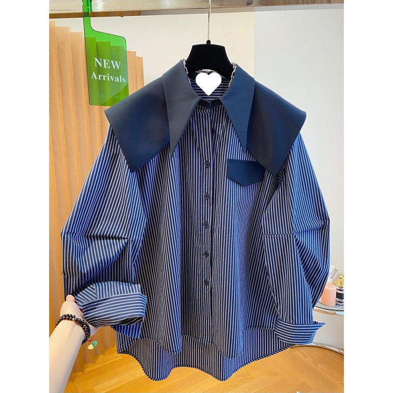 Chic Doll Collar Shawl Striped Shirt for Women 2026 New Korean Style Loose Blue Navy Collar Large Lapel Top