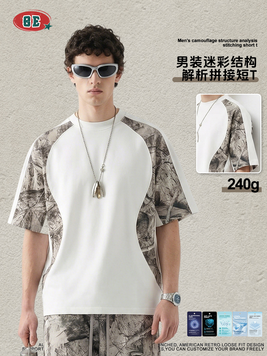 Be Hombres| Marca de moda americana de verano calles de transferencia térmica camuflado empalme camiseta de manga corta casual deportes rápidos ropa seca para hombres image 3
