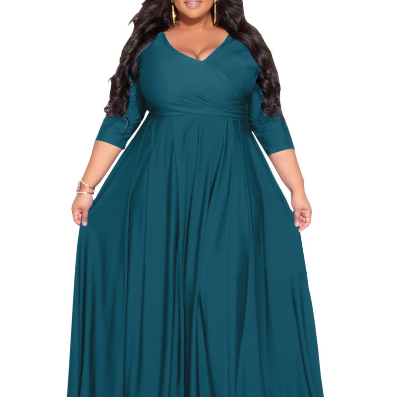 T025 European and American Summer New Women's Large Size Pure Color V Neck Sexy High Waist Dress Long Skirt Pure Color Dress for Women