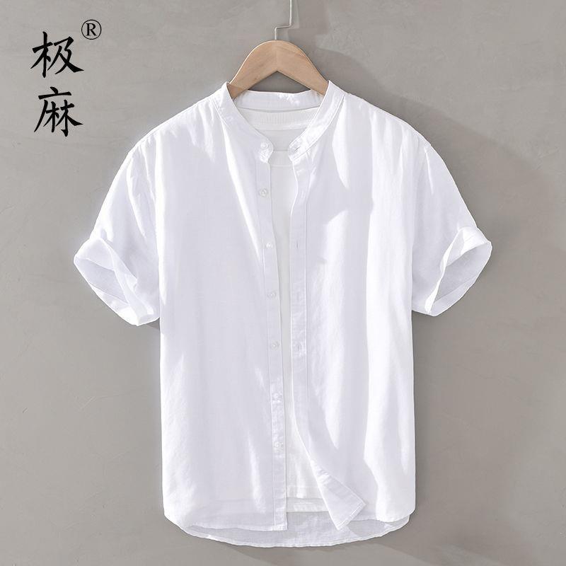 Camisa de algodón y lino de manga corta con cuello alto básico de verano japonés Camisa blanca de lino suelta fresca y delgada para hombre