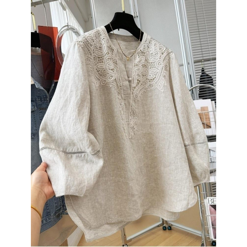 Lace Patchwork High-End Linen Shirt with a Round Neck and Long Sleeves for Women, Spring Fashion, Elegant Blouse Top, New Lace Patchwork High-End Linen Shirt with a Round Neck and Long Sleeves for Women, Spring Fashion, Elegant Blouse Top, New