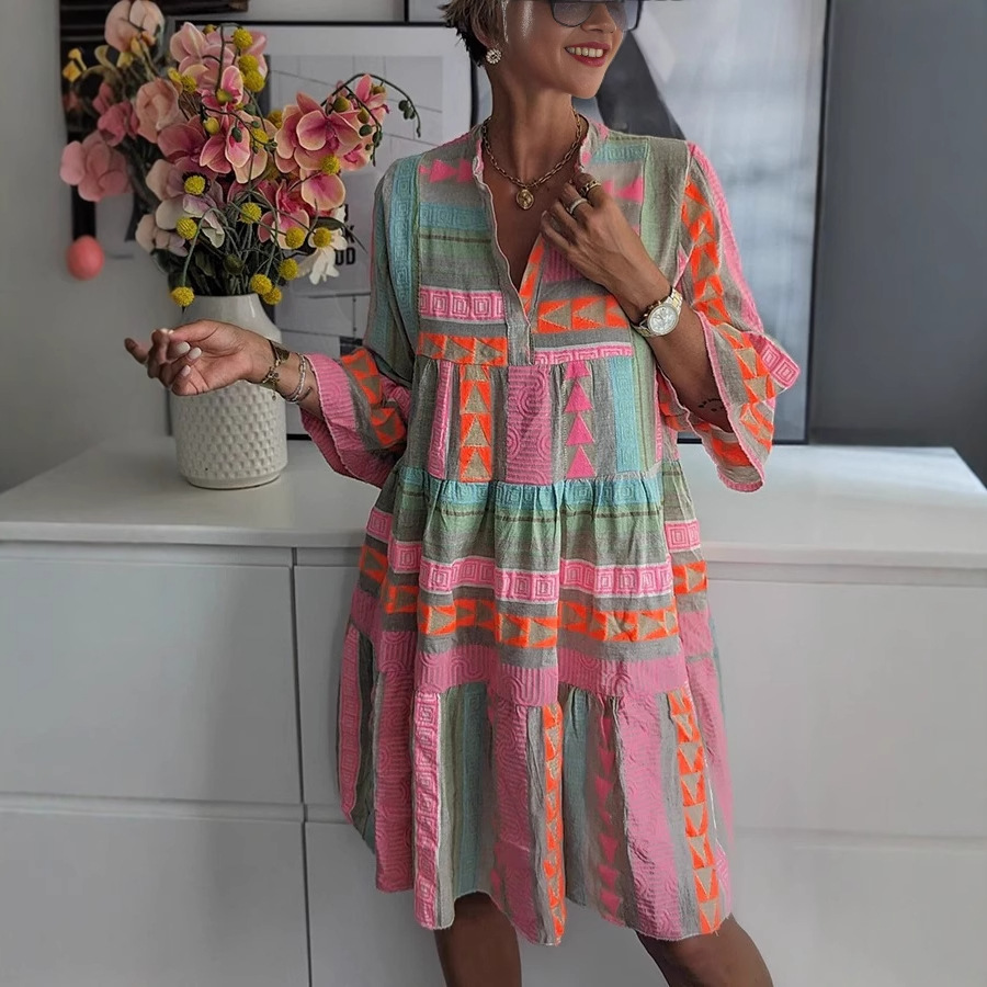 Cross-Border Export Women's Clothing Independent Station Amazon 2025 New European and American Autumn Clothing Printed V Neck Three-Quarter Sleeve Casual Dress