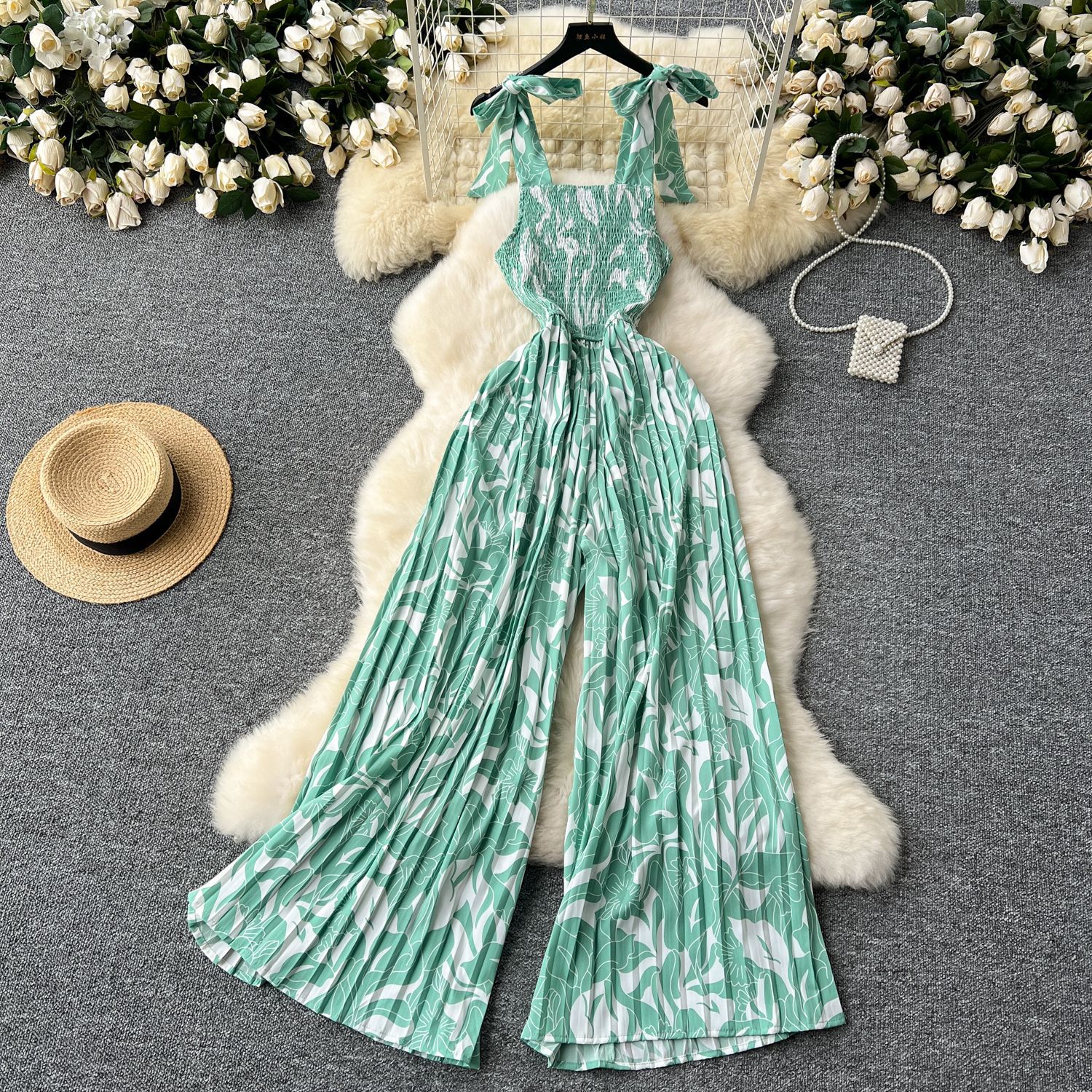 Viajes y vacaciones con mono para mujer, pliegues elásticos de verano, cintura, tirantes florales, pantalones largos de pierna ancha, pantalones de playa